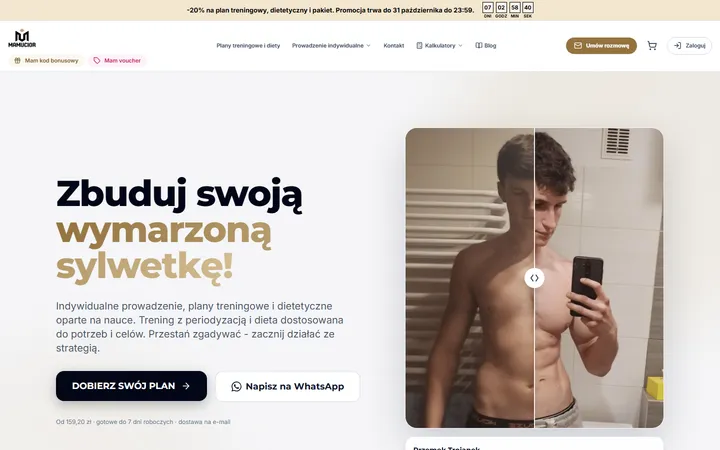 Strona główna mamucior.com na komputerze: nagłówek „Zbuduj swoją wymarzoną sylwetkę!” i przyciski „Dobierz swój plan” oraz „Napisz na WhatsApp”