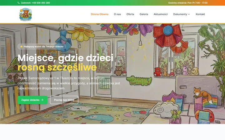 Strona główna zlobek-tluszcz.pl na komputerze: nagłówek „Miejsce, gdzie dzieci rosną szczęśliwe” i przycisk „Zapisz dziecko”